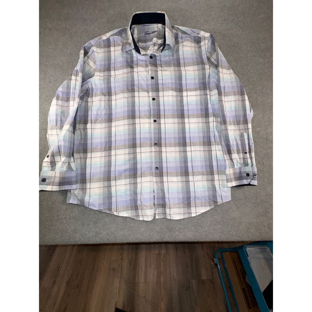 Tasso Elba Mens Plaid Long Sleeve Button Down Shirt Blue Grey White L - Picture 3 of 10
